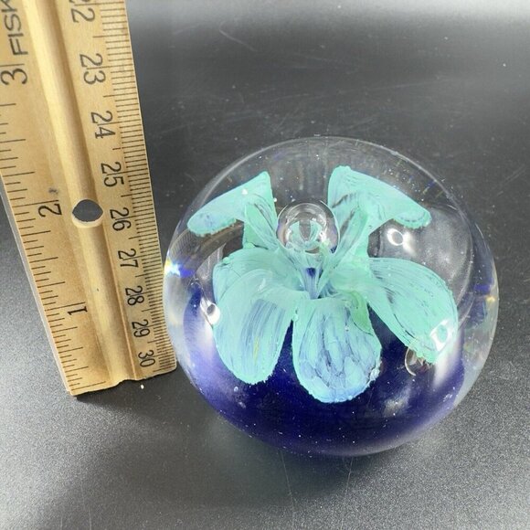 Vintage Round Paperweight Art Glass Blue Flower Figurine With Air Bubble Glass - Picture 3 of 16